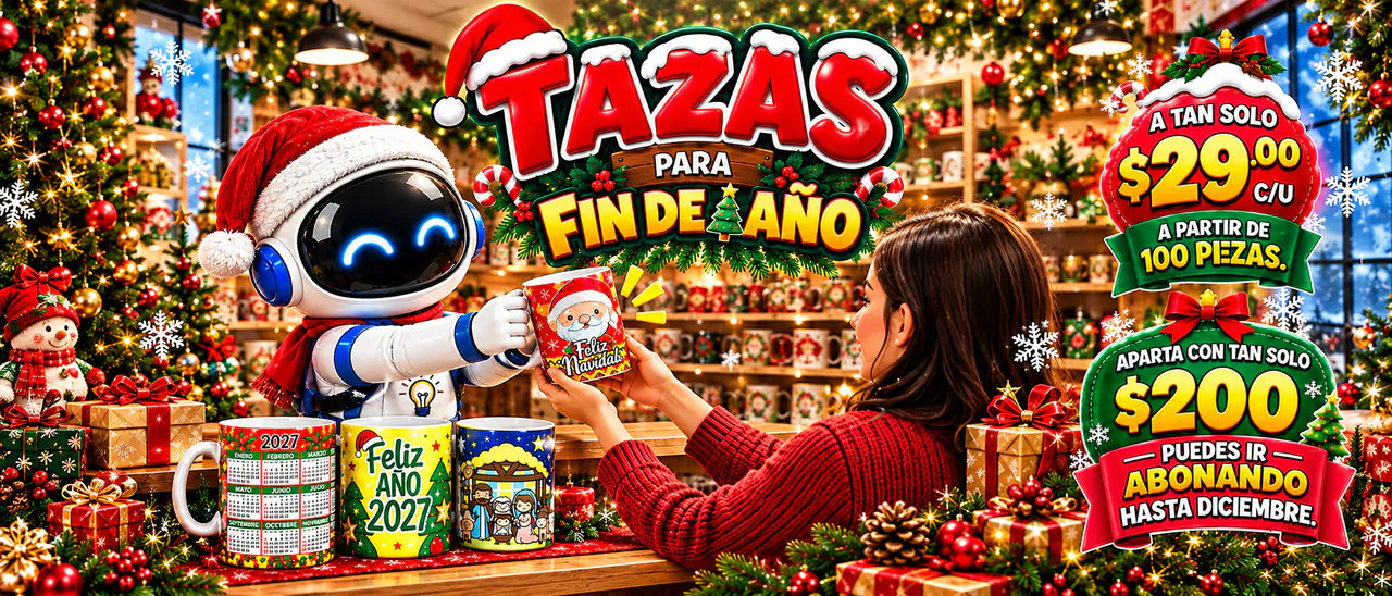 Tazas para fin de año desde $29.00 c/u a partir de 100 piezas. Aparta con $200 y abona hasta diciembre.